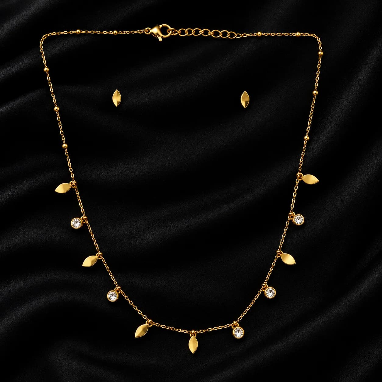 Golden Leaf Stone Chain with Earring Set